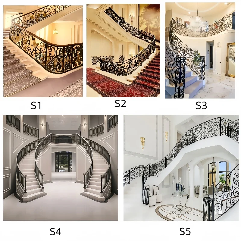 Ornamental Wrought Iron Curved Stair Railing Designs/Balustrades for Villa-Luxury Design Rust Resistant Easy Installation
