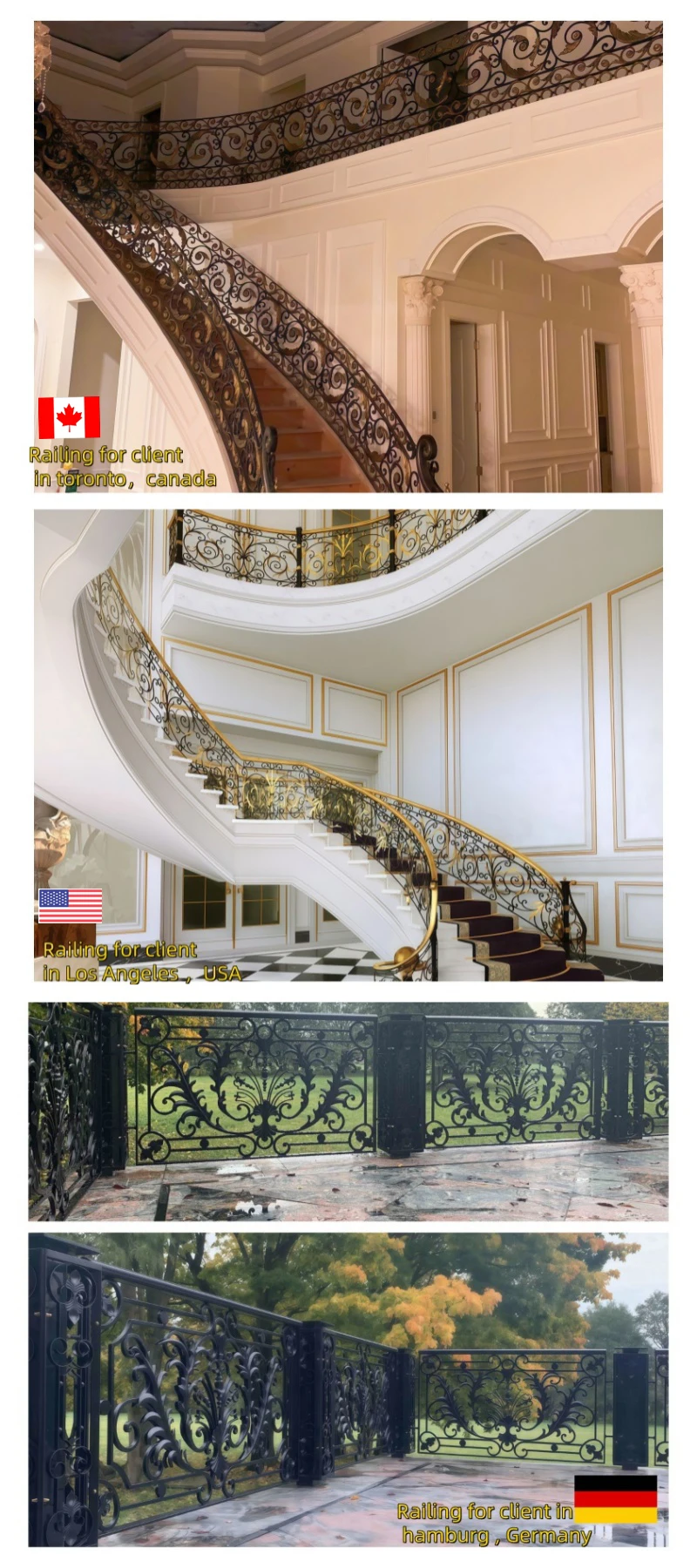 Ornamental Wrought Iron Curved Stair Railing Designs/Balustrades for Villa-Luxury Design Rust Resistant Easy Installation