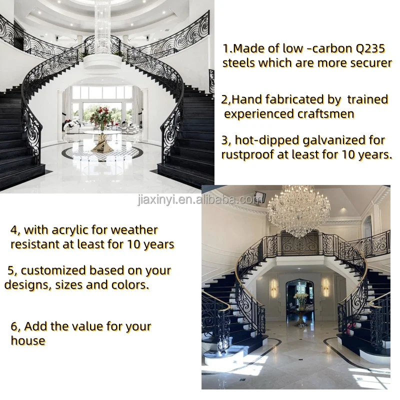 Ornamental Wrought Iron Curved Stair Railing Designs/Balustrades for Villa-Luxury Design Rust Resistant Easy Installation