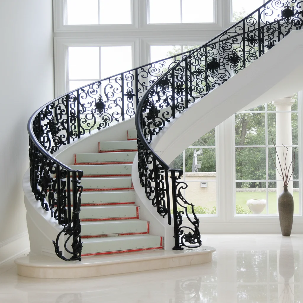 Ornamental Wrought Iron Curved Stair Railing Designs/Balustrades for Villa-Luxury Design Rust Resistant Easy Installation