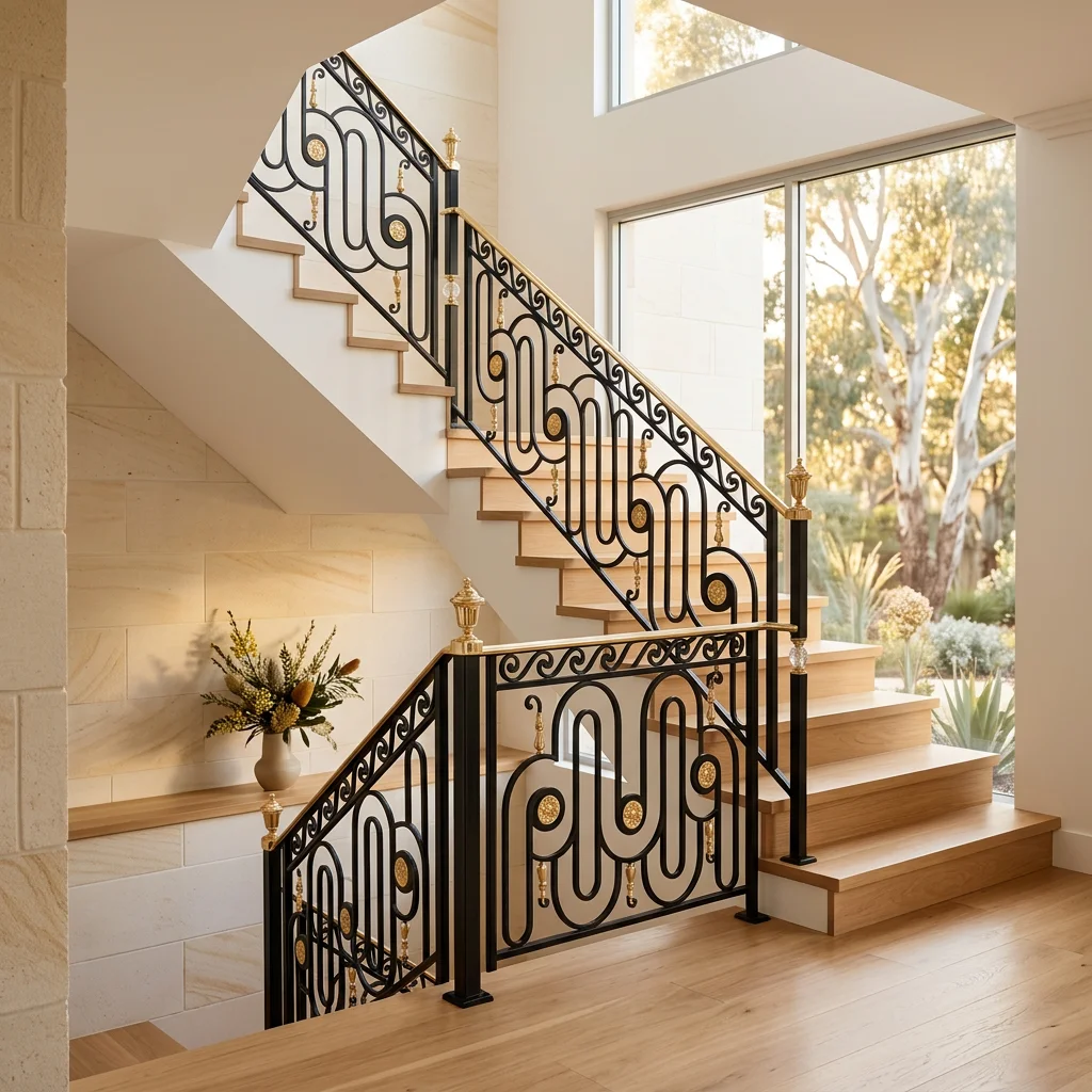 Ornamental Wrought Iron Curved Stair Railing Designs/Balustrades for Villa-Luxury Design Rust Resistant Easy Installation
