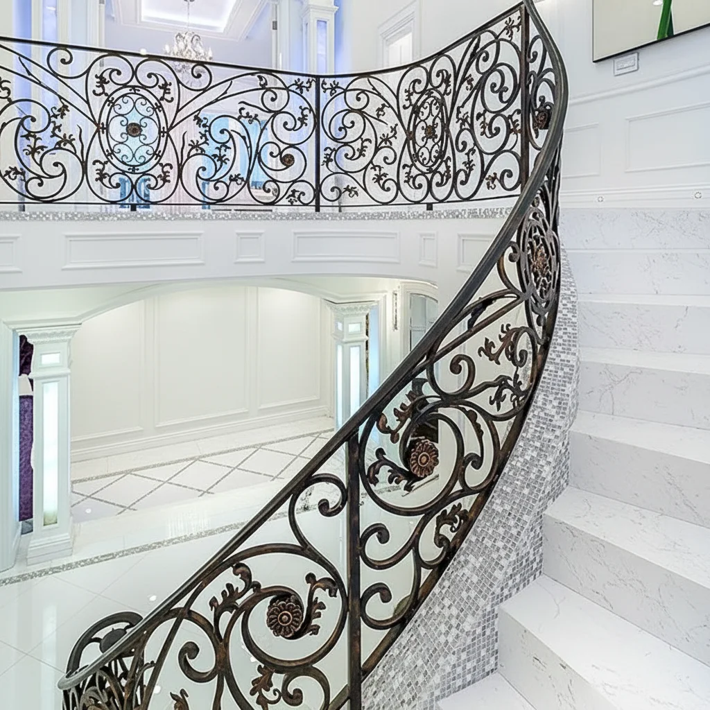 Ornamental Wrought Iron Curved Stair Railing Designs/Balustrades for Villa-Luxury Design Rust Resistant Easy Installation